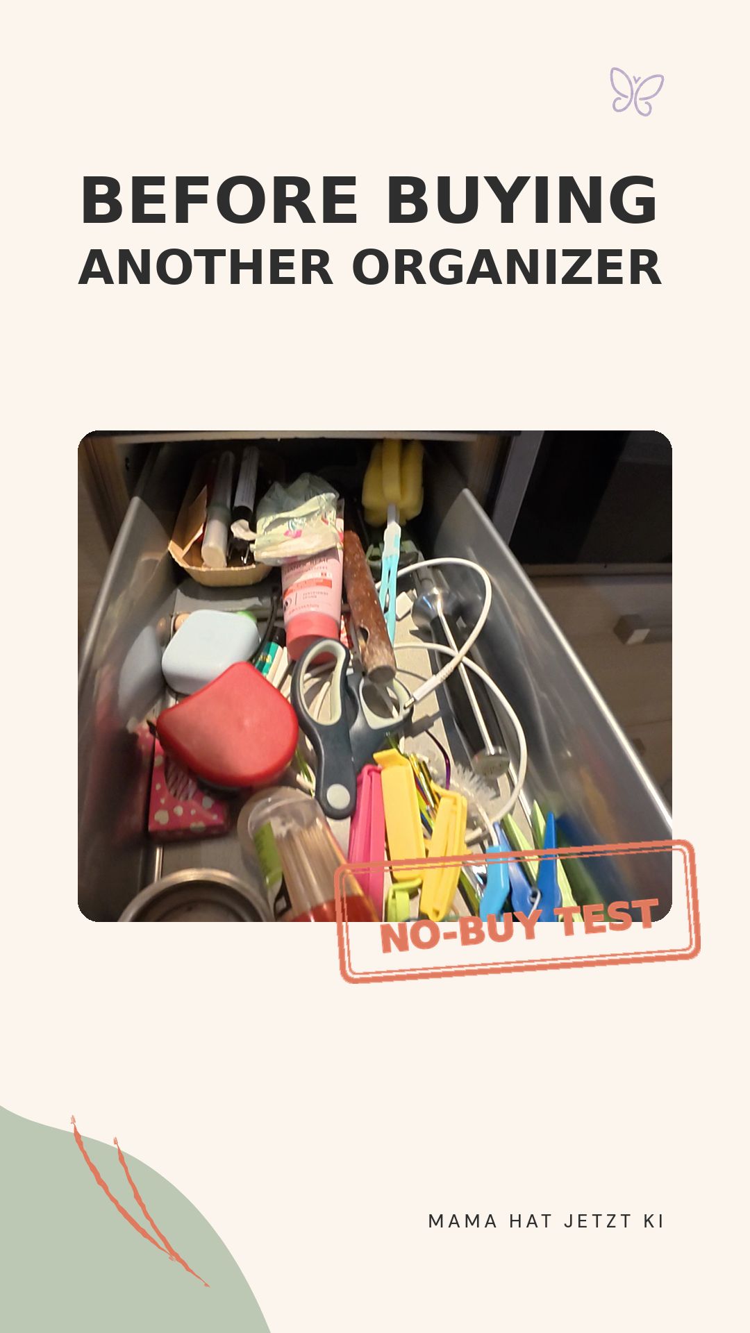 A junk drawer organized using containers already at home